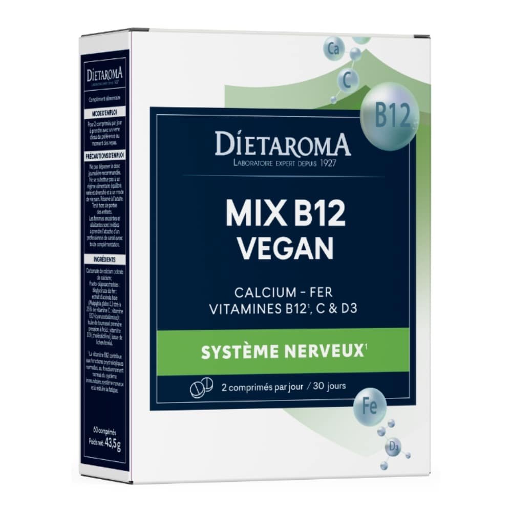dietaroma-mix-b12-fer-d3-calcium-et-vit-c-vegan-60-comprimes.jpg DIETAROMA – Mix B12 Fer, D3, Calcium et Vit C Vegan – 60 Comprimes - الصورة 1